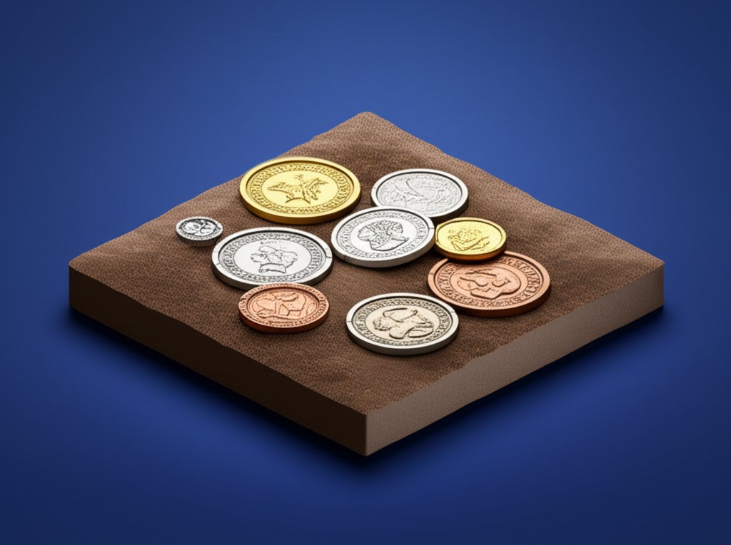 Magnifying glass over valuable world coins, identifying treasures in your collection.